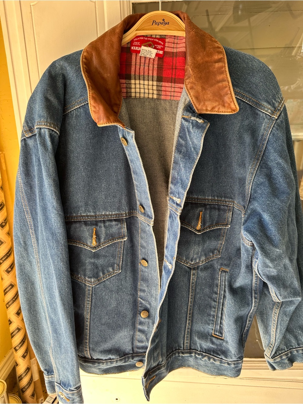 Vintage Marlboro Country Store Blue Denim Jacket with Brown Leather Collar